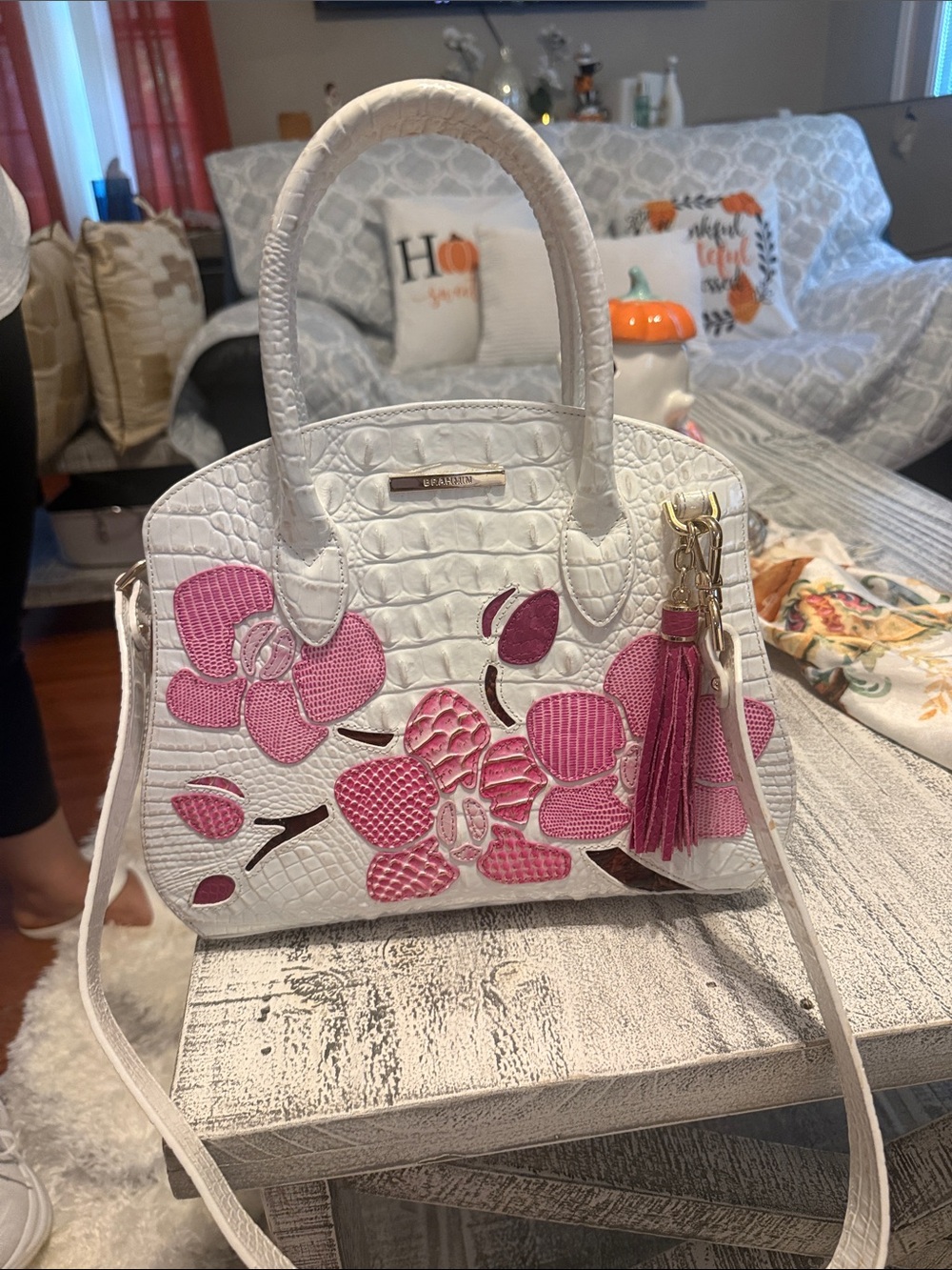 Brahmin White Croc-Embossed Satchel with Pink Floral Appliqué and Tassel
